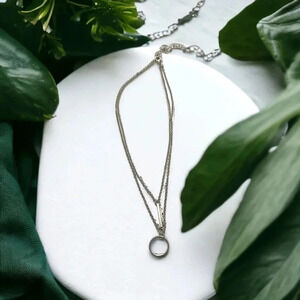 Silver Plated Circle & Bar Pendant Layered Necklace